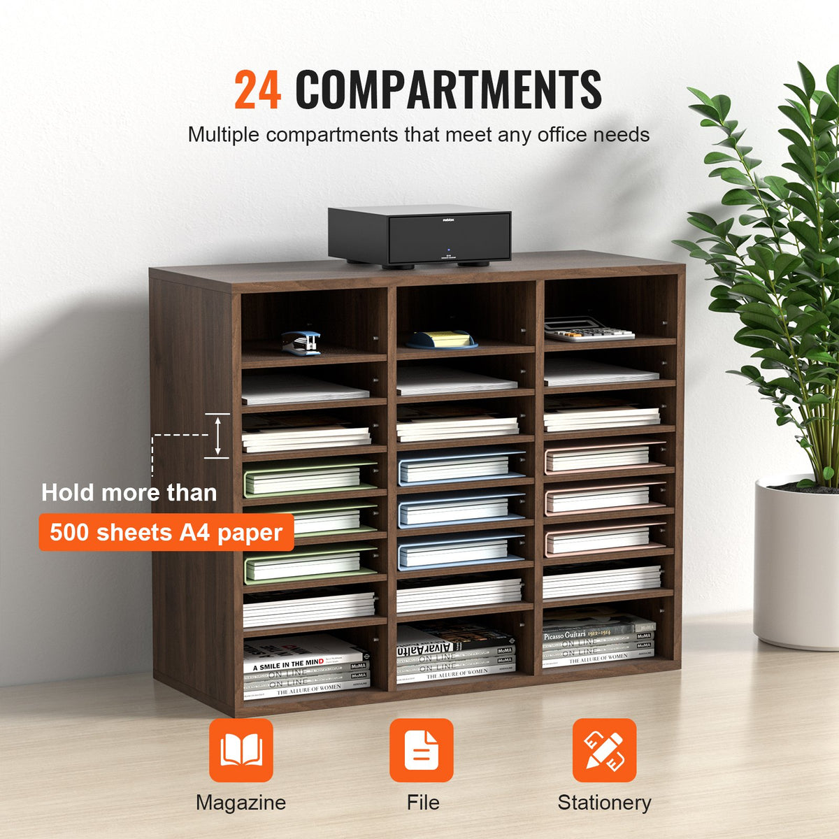 Literature Organizers, 24 Compartments Office Mailbox with Adjustable Shelves, Wood Literature Sorter 73.7 x 30.5 x 62.0 cm for Office, Home, Classroom, Mailrooms Organization, EPA Certified, Brown