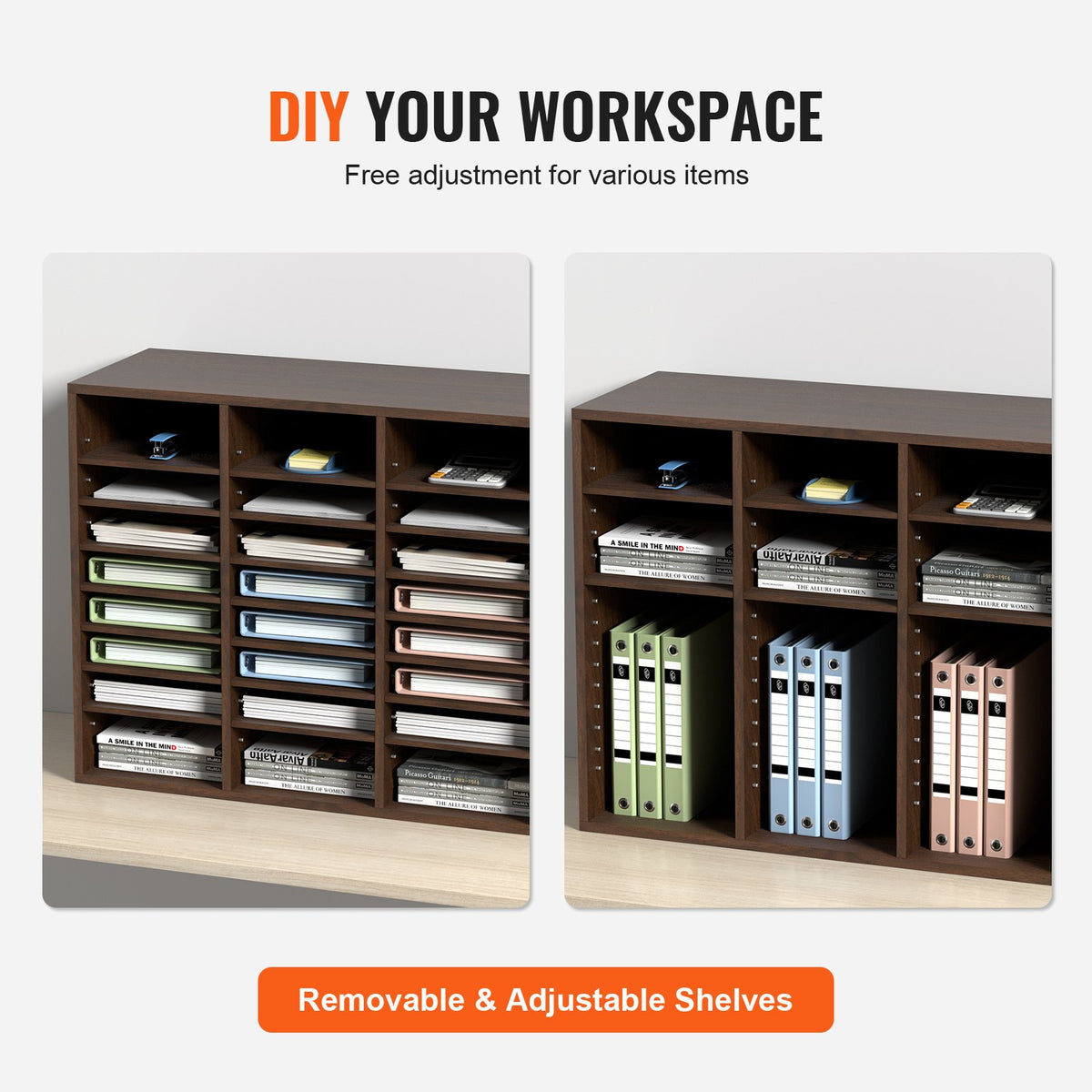Literature Organizers, 24 Compartments Office Mailbox with Adjustable Shelves, Wood Literature Sorter 73.7 x 30.5 x 62.0 cm for Office, Home, Classroom, Mailrooms Organization, EPA Certified, Brown
