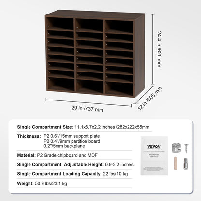 Literature Organizers, 24 Compartments Office Mailbox with Adjustable Shelves, Wood Literature Sorter 73.7 x 30.5 x 62.0 cm for Office, Home, Classroom, Mailrooms Organization, EPA Certified, Brown