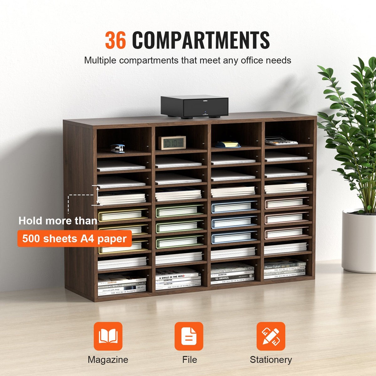 Literature Organizers, 36 Compartments Office Mailbox with Adjustable Shelves, Wood Literature Sorter 39.3x12x26.8 inches for Office, Home, Classroom, Mailrooms Organization, EPA Certified Brown