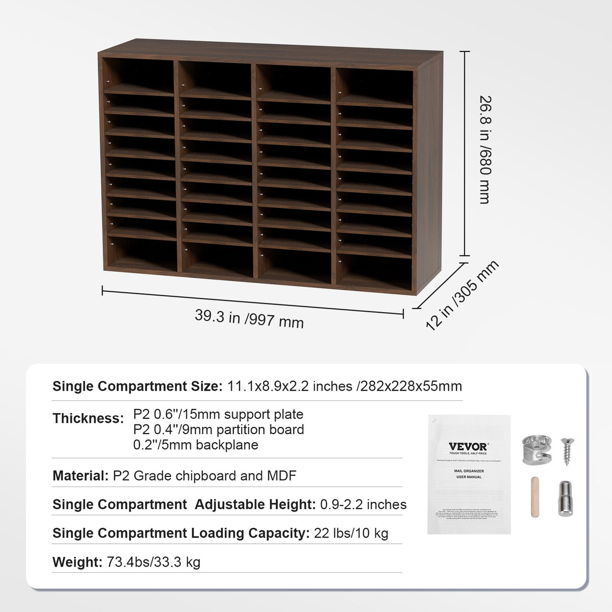 Literature Organizers, 36 Compartments Office Mailbox with Adjustable Shelves, Wood Literature Sorter 39.3x12x26.8 inches for Office, Home, Classroom, Mailrooms Organization, EPA Certified Brown
