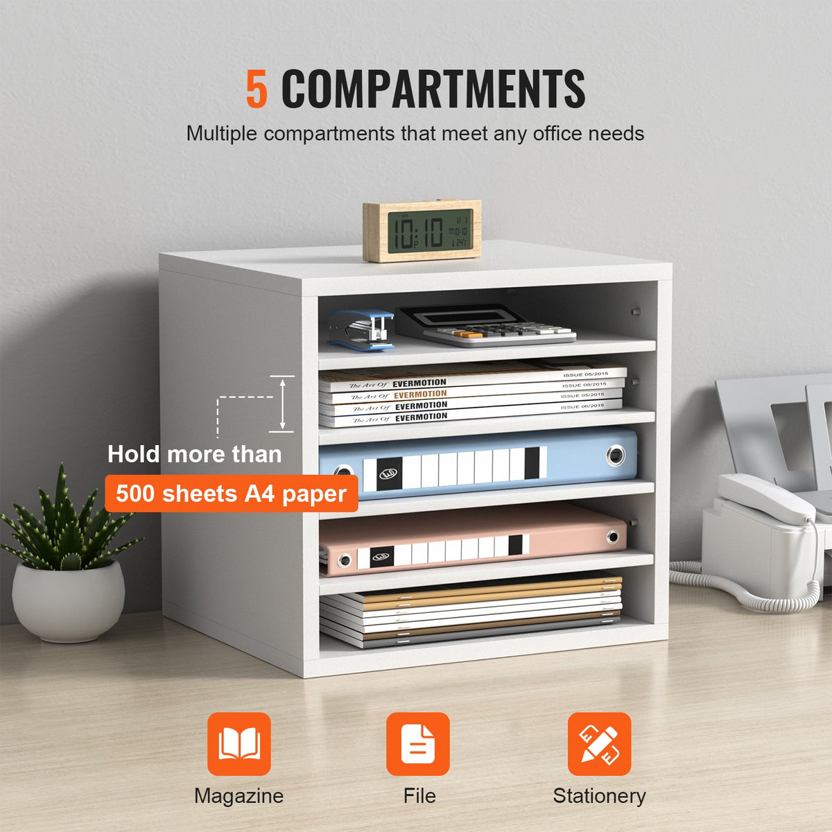 Literature Organizers, 5 Compartments Office Mailbox with Adjustable Shelves, Wood Literature Sorter 35.3 x 30.5 x 33.0 cm for Office, Home, Classroom, Mailrooms Organization, EPA Certified, White