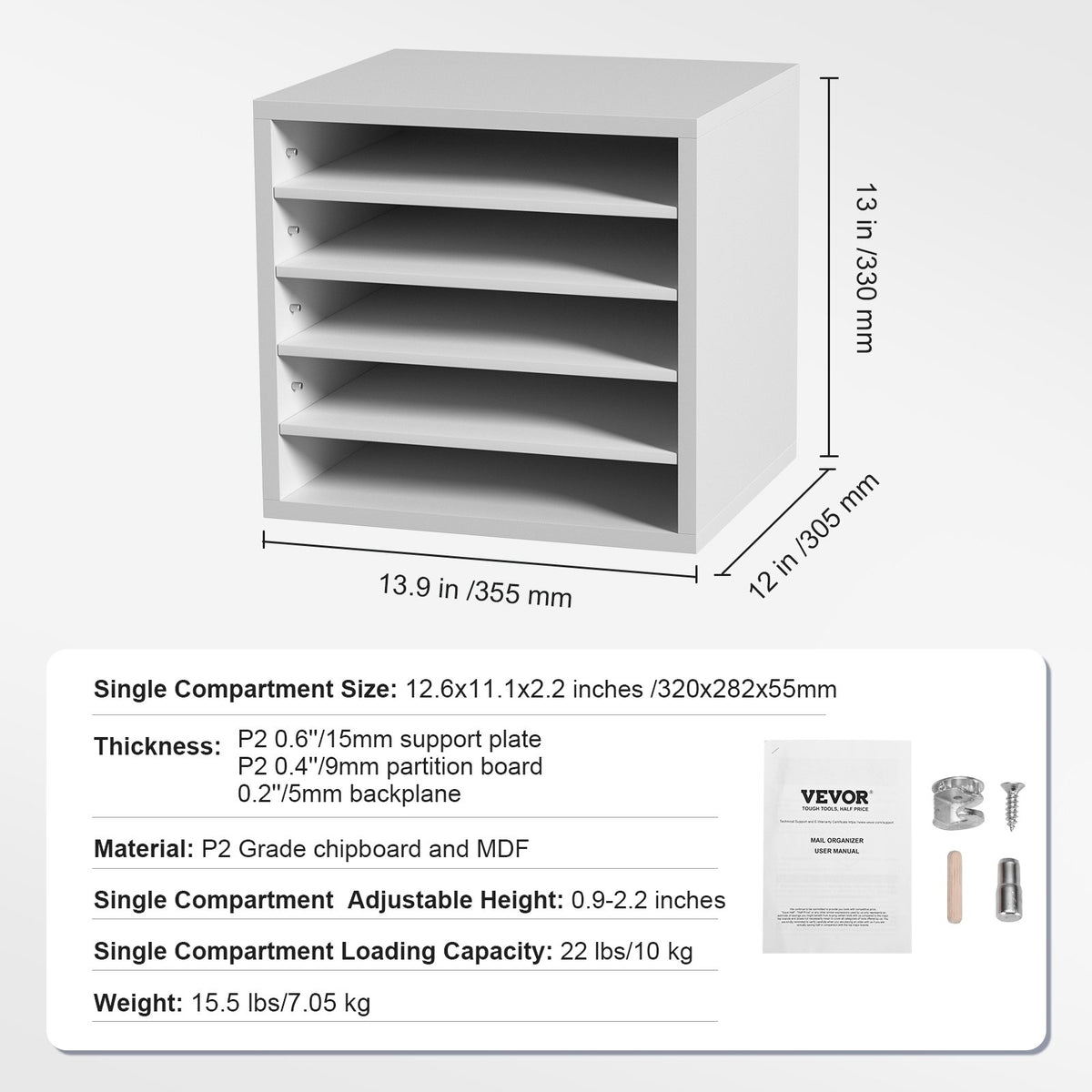 Literature Organizers, 5 Compartments Office Mailbox with Adjustable Shelves, Wood Literature Sorter 35.3 x 30.5 x 33.0 cm for Office, Home, Classroom, Mailrooms Organization, EPA Certified, White