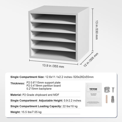 Literature Organizers, 5 Compartments Office Mailbox with Adjustable Shelves, Wood Literature Sorter 35.3 x 30.5 x 33.0 cm for Office, Home, Classroom, Mailrooms Organization, EPA Certified, White