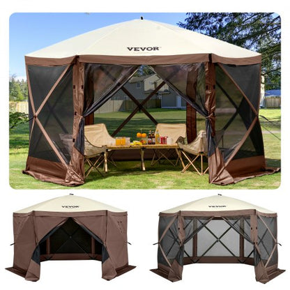 Paviljongtält med skärm, 10 x 10 fot, 6-sidigt uppfällbart campingtält med nätfönster, bärbar bärväska, markpinnar, stora skuggtält för utomhuscamping, gräsmatta och bakgård