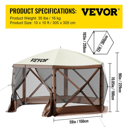 Paviljongtält med skärm, 10 x 10 fot, 6-sidigt uppfällbart campingtält med nätfönster, bärbar bärväska, markpinnar, stora skuggtält för utomhuscamping, gräsmatta och bakgård