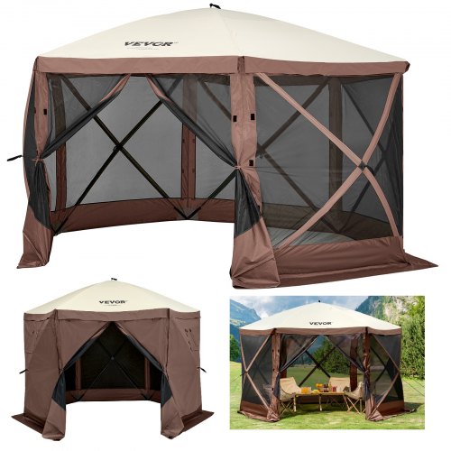 Paviljongtält, 12 x 12 fot, 6-sidigt uppfällbart campingtält med nätfönster, bärbar bärväska, markpinnar, stora skuggtält för utomhuscamping, gräsmatta och bakgård