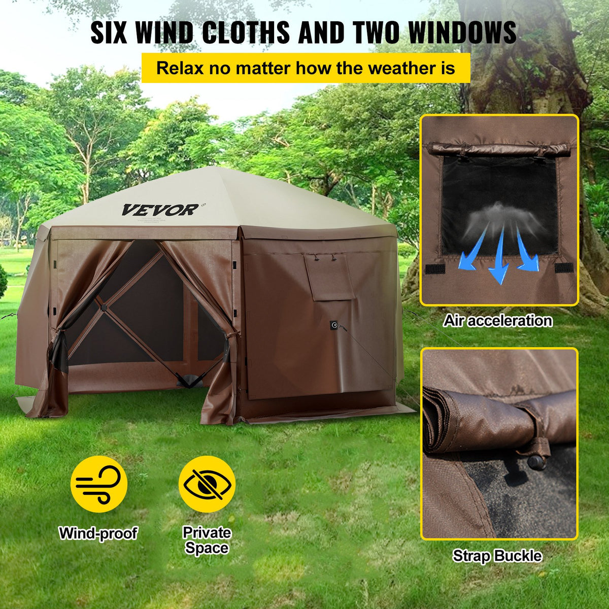 Paviljongtält, 12 x 12 fot, 6-sidigt uppfällbart campingtält med nätfönster, bärbar bärväska, markpinnar, stora skuggtält för utomhuscamping, gräsmatta och bakgård