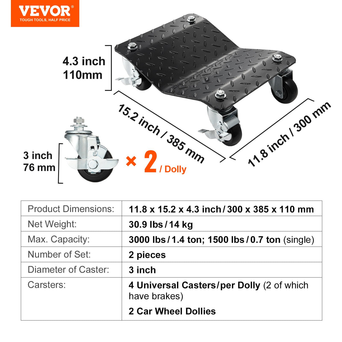 Car Dolly Wheel Tire Dolly 2 PCS Heavy Duty Skate Auto Repair Dolly 1360.8 kg