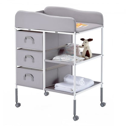 Skötbord, bärbar blöjbytesstation med 3 tyglådor och låsbara hjul, justerbar höjd multifunktionell skötbord med förvaringsorganisatör barnrum, grå