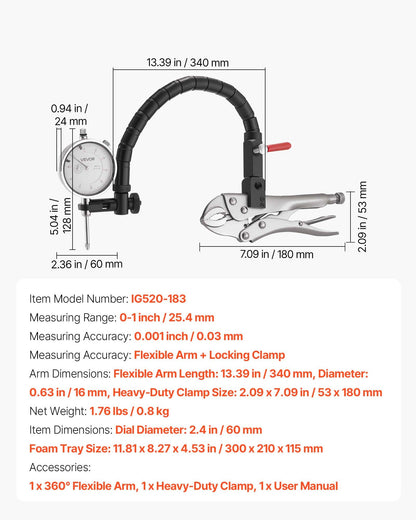 Mätklocka med 360° flexibel arm och 360° låstång, 0,03 mm noggrannhet, 0–25,4 mm område, professionell för maskinuppsättning, mätning av smala områden, förvaringsväska