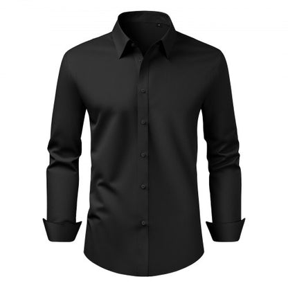 Herrskjorta med knappar, långärmad skrynkelfri herrskjorta med knappar, slim fit i mjukt stretchtyg för business casual eller formellt, arbete, bröllop, middag, svart