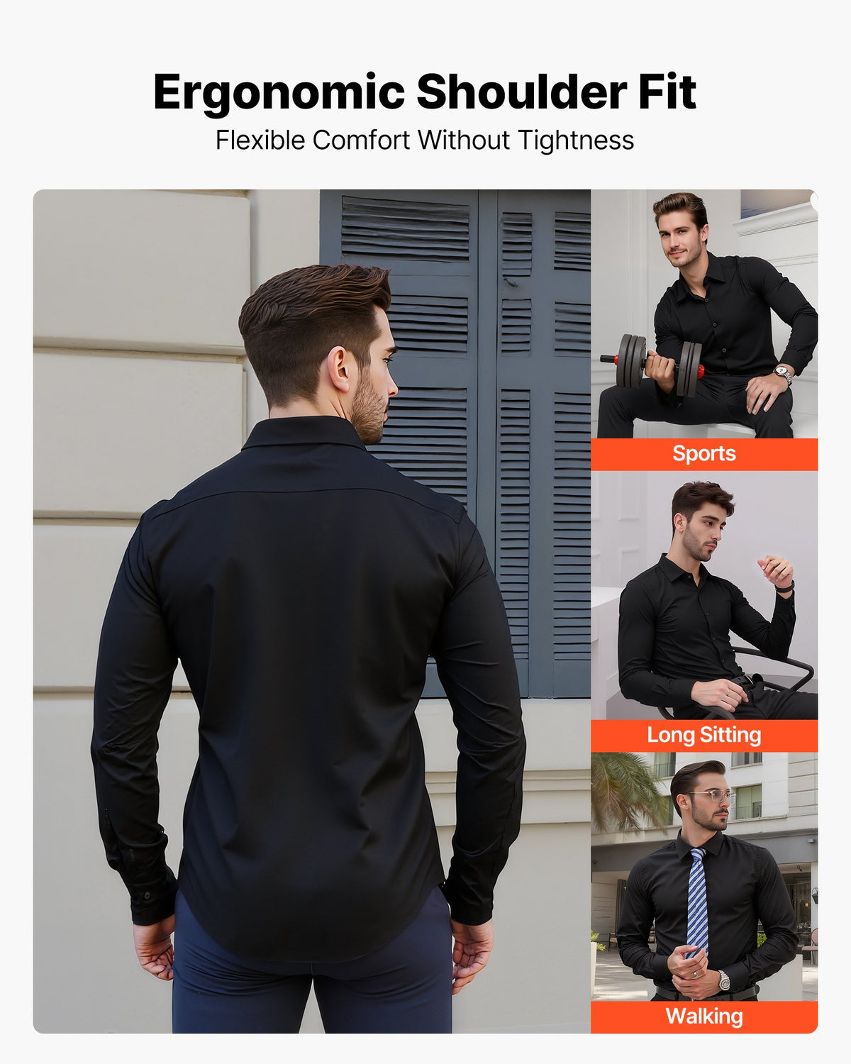 Herrskjorta med knappar, långärmad skrynkelfri herrskjorta med knappar, slim fit i mjukt stretchtyg för business casual eller formellt, arbete, bröllop, middag, svart