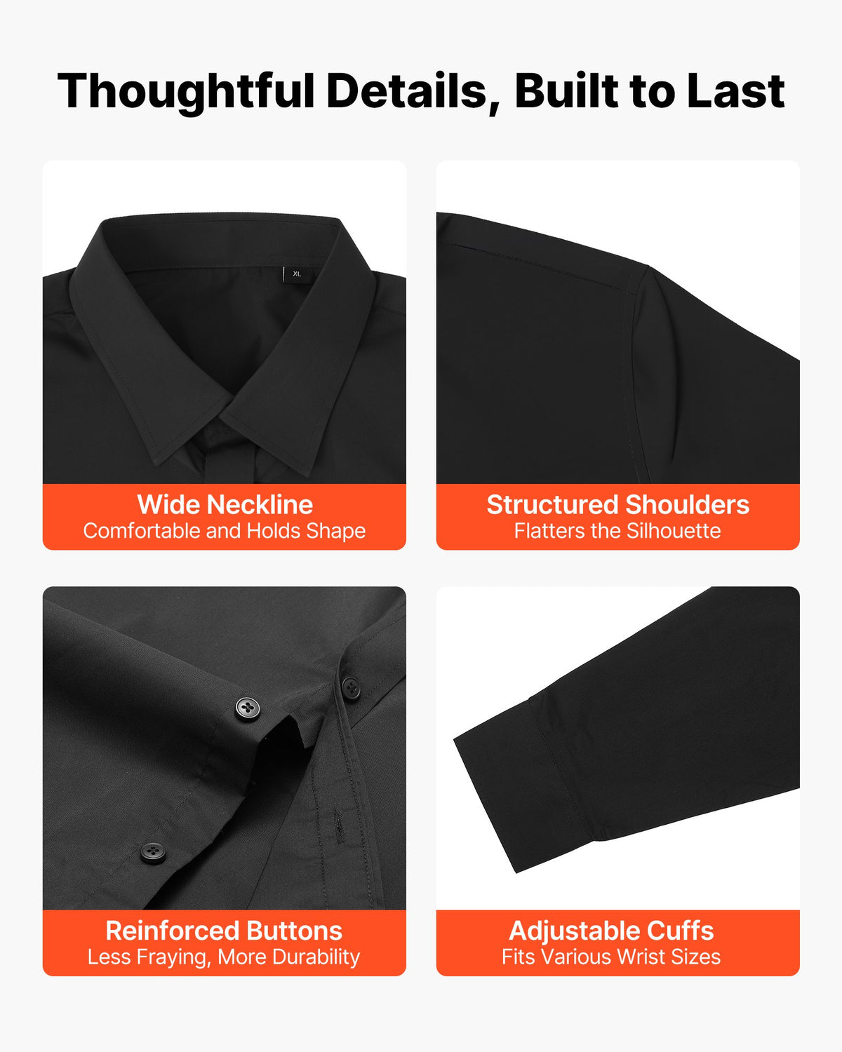 Herrskjorta med knappar, långärmad skrynkelfri herrskjorta med knappar, slim fit i mjukt stretchtyg för business casual eller formellt, arbete, bröllop, middag, svart