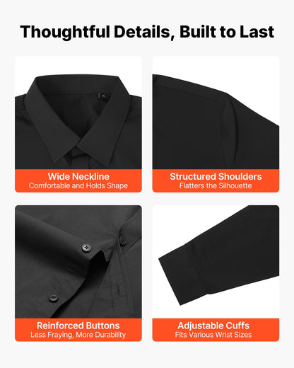 Herrskjorta med knappar, långärmad skrynkelfri herrskjorta med knappar, slim fit i mjukt stretchtyg för business casual eller formellt, arbete, bröllop, middag, svart
