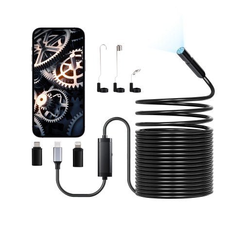 Endoskopkamera med 15m halvstyv kabel, 1920P HD-boroskop för Android och iOS, industriell inspektionskamera med ljus - 8 LED-lampor, 2X zoom, IP67 vattentät ormkamera för bil, VVS