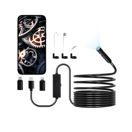 Endoskopkamera med ljus, 1920P HD-boroskop för Android och iOS, inspektionskamera med 8 LED-lampor och 5 m halvstyv kabel, 2X zoom, IP67 vattentät ormskopkamera för bil, VVS