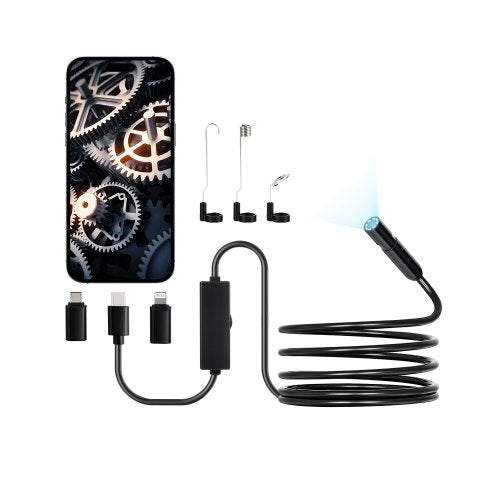 Endoskopkamera med ljus, 1920P HD-boroskop för Android och iOS, inspektionskamera med 8 LED-lampor och 3 m halvstyv kabel, 2X zoom, IP67 vattentäta ormkameror för bil, VVS