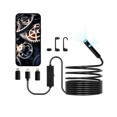 Endoskopkamera med ljus, boroskop med dubbla linser för Android och iOS, 1920P HD-inspektionskamera med 8 + 1 LED-lampa, 2X zoom, 5m ormkabel, IP67 vattentät ormkamera för bil, VVS