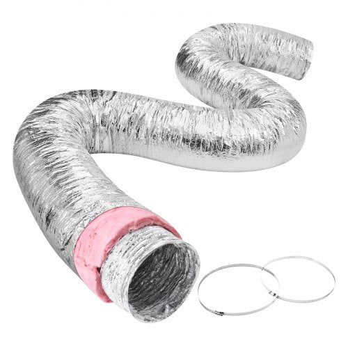 Torktumlarens ventilationsslang, 127 mm isolerad flexibel kanal, 7,62 m lång med 2 kanalklämmor, kraftigt treskiktsskydd för VVS, värme, kyla, ventilation och frånluft, flamskyddsvärde R-6.0