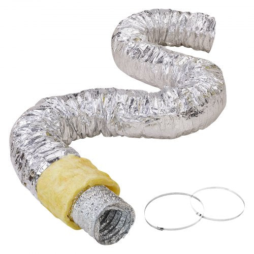 Torktumlarens ventilationsslang, 152,4 mm isolerad flexibel kanal, 7,62 m lång med 2 kanalklämmor, kraftigt treskiktsskydd för VVS, värme, kyla, ventilation och frånluft, flamskyddsvärde R-4.2