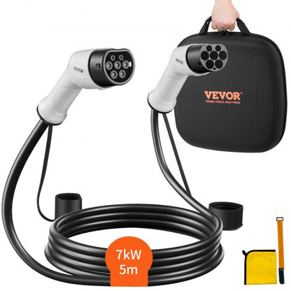 Type 2 to Type 2 EV Charging Cable, 32Amp, 7kW 5 Meters Single Phase Electric Vehicle Car Charging Cable, IP66 Waterproof w Carry Bag, for IEC62196 EV & Plug-in Hybrid Electric Vehicle, CE&TUV