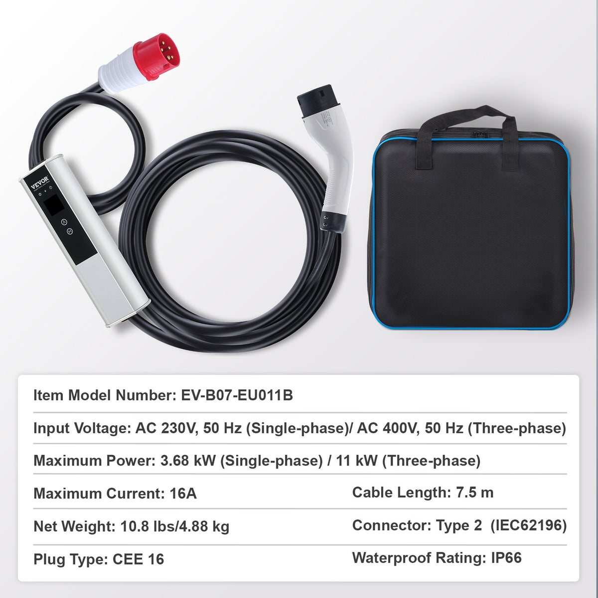 Bärbar elbilsladdare typ 2, 16A 3,68 kW/11 kW, elbilsladdare med 7,5 m laddningskabel CEE 16-kontakt LCD, IEC 62196 laddstation för elbilar med bärväska och laddningskabelkrok, IP66