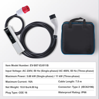 Bärbar elbilsladdare typ 2, 16A 3,68 kW/11 kW, elbilsladdare med 7,5 m laddningskabel CEE 16-kontakt LCD, IEC 62196 laddstation för elbilar med bärväska och laddningskabelkrok, IP66