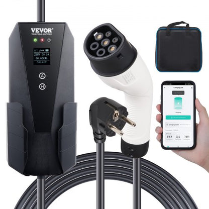 Portable EV Charger Type 2, 16A 3.7 kW, Electric Vehicle Car Charger with 8.6 m Charging Cable CEE 7/7 Plug LCD Screen, IEC 62196 Home EV Charging Station with Carry Bag Charging Cable Hook, IP66
