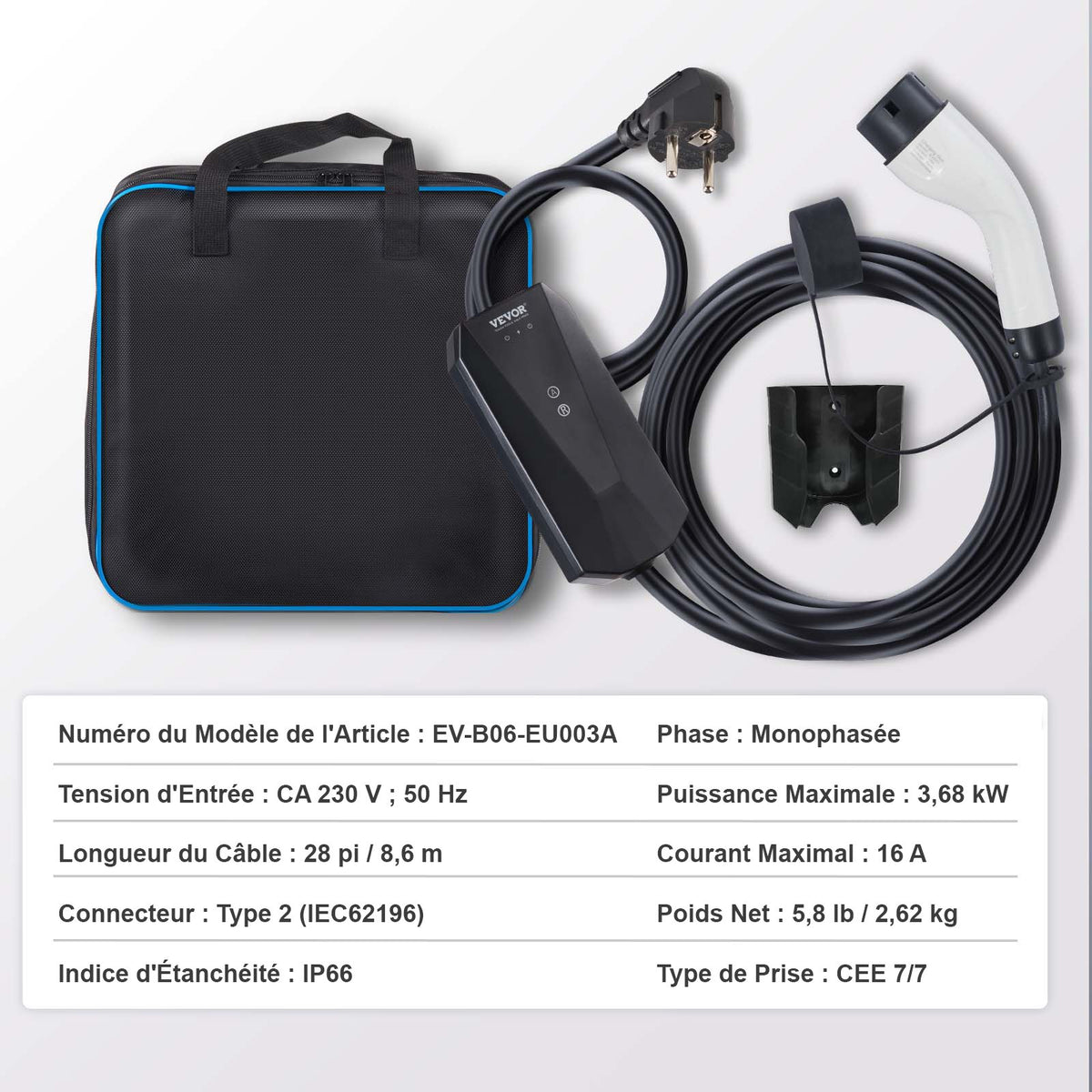 Portable EV Charger Type 2, 16A 3.7 kW, Electric Vehicle Car Charger with 8.6m Charging Cable CEE 7/7 Plug, IEC 62196 Home EV Charging Station with Storage Bag Charging Cable Hook, IP66