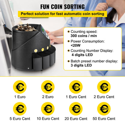Euromynträknare 500-1000 mynt Elektronisk automatisk EUR-mynträknare 300 mynt per minut med 8 myntlådor för skolbutik Bank