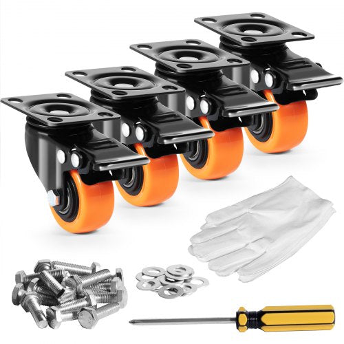 Caster Wheels, 5.1 cm Swivel Plate Casters, Set of 4, with Security Dual Locking No Noise PVC Wheels, Heavy Duty 68 kg Load Capacity Per Caster, Non-Marking Wheels for Cart Furniture Workbench
