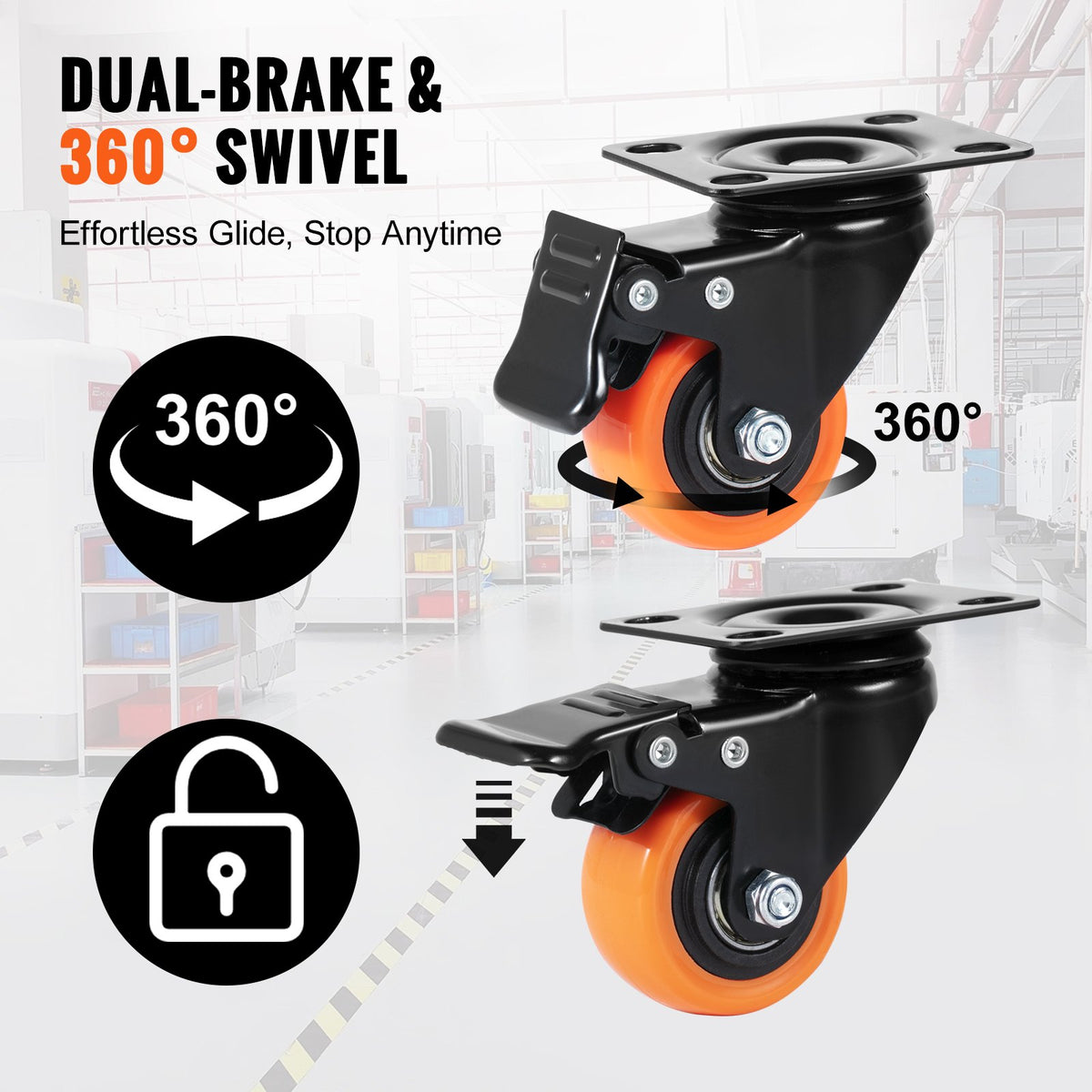 Caster Wheels, 5.1 cm Swivel Plate Casters, Set of 4, with Security Dual Locking No Noise PVC Wheels, Heavy Duty 68 kg Load Capacity Per Caster, Non-Marking Wheels for Cart Furniture Workbench