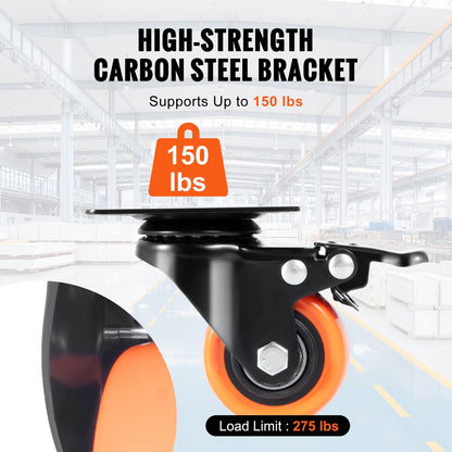 Caster Wheels, 5.1 cm Swivel Plate Casters, Set of 4, with Security Dual Locking No Noise PVC Wheels, Heavy Duty 68 kg Load Capacity Per Caster, Non-Marking Wheels for Cart Furniture Workbench