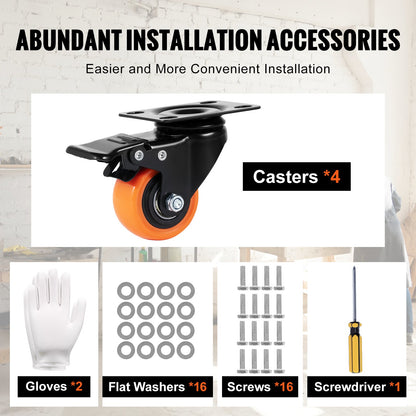 Caster Wheels, 5.1 cm Swivel Plate Casters, Set of 4, with Security Dual Locking No Noise PVC Wheels, Heavy Duty 68 kg Load Capacity Per Caster, Non-Marking Wheels for Cart Furniture Workbench