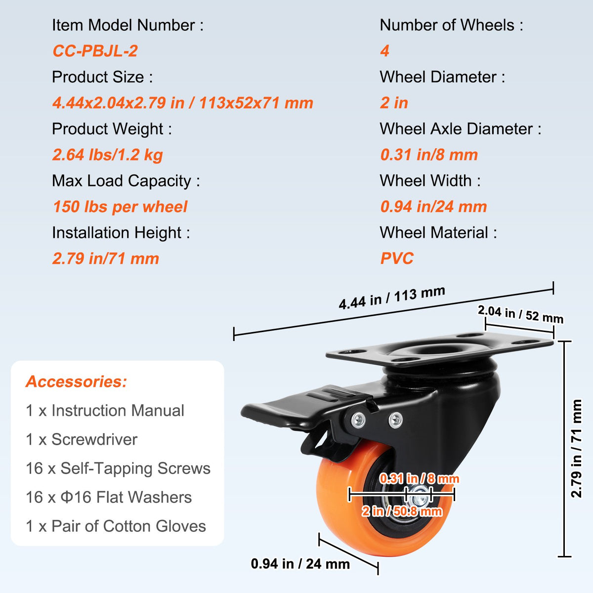 Caster Wheels, 5.1 cm Swivel Plate Casters, Set of 4, with Security Dual Locking No Noise PVC Wheels, Heavy Duty 68 kg Load Capacity Per Caster, Non-Marking Wheels for Cart Furniture Workbench