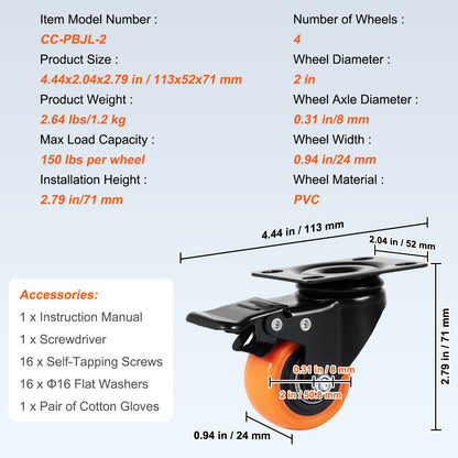 Caster Wheels, 5.1 cm Swivel Plate Casters, Set of 4, with Security Dual Locking No Noise PVC Wheels, Heavy Duty 68 kg Load Capacity Per Caster, Non-Marking Wheels for Cart Furniture Workbench