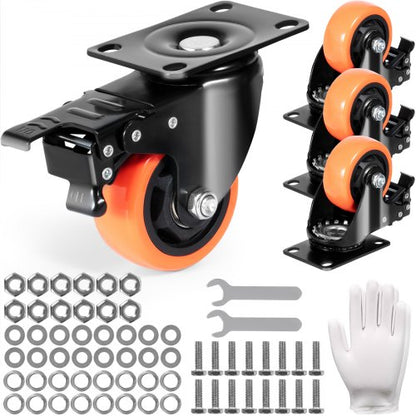 Hjul, 7,6 cm svängbara hjul, 4-pack, med säkerhetslåsning, tysta PVC-hjul, kraftiga 113,4 kg lastkapacitet per hjul, icke-märkande hjul för arbetsbänk med vagnsmöbler
