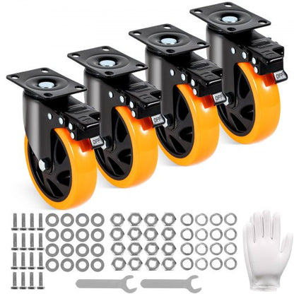 Hjul, 12,7 cm svängbara hjul, 4-pack, med säkerhetslåsning, tysta PVC-hjul, kraftiga, 204,1 kg lastkapacitet per hjul, icke-märkande hjul för arbetsbänk med vagnsmöbler