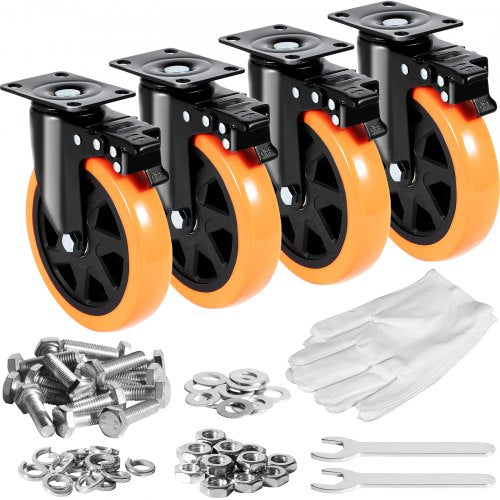 Hjul, 15,2 cm svängbara hjul, 4-pack, med säkerhetslåsning, tysta PVC-hjul, kraftiga, 317,5 kg lastkapacitet per hjul, icke-märkande hjul för arbetsbänk med vagnsmöbler