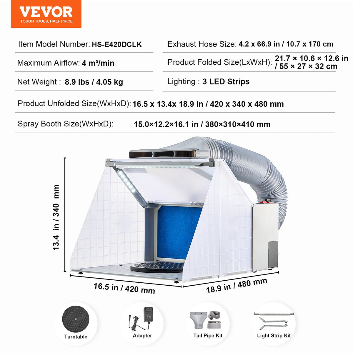 Airbrush-sprutbox, bärbar hobby-airbrush-sprutboxsats med LED-lampor, avgasfläkt och avgasförlängningsslang, airbrush-sprutbox för målning av modeller, konst, hantverk, kakor