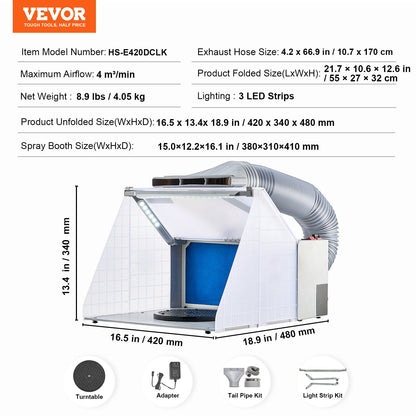 Airbrush-sprutbox, bärbar hobby-airbrush-sprutboxsats med LED-lampor, avgasfläkt och avgasförlängningsslang, airbrush-sprutbox för målning av modeller, konst, hantverk, kakor