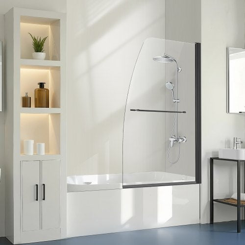 Ramlös duschdörr till badkar, 89 cm B x 143 cm H, halv duschdörr för badkar, 180° roterbar dörr i härdat glas, halv duschdörr med 6 mm duschvägg i härdat glas, svart
