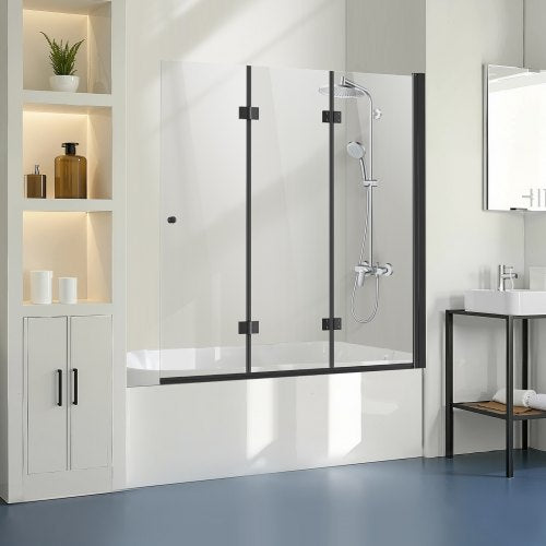 Badkarsduschdörr, 137 cm B x 142 cm H, Ramlös, vikbar duschdörr med gångjärn, trippelvikbar duschdörr i glas med 6 mm härdat glas, 180° roterande och vikbar design, för badkar, svart