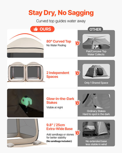 Screen House Tent, 3660 x 1825 x 2200 mm, 2 in 1 Pop Up Screen Tent, Portable Screened in Canopy with Carry Bag, Netting Sides, Ground Stakes, for Garden, Patio, and Outdoor Activities, Beige