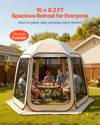 Screen House Tent, 3030 x 2650 x 2300 mm, 4-8 Person Pop Up Screen Tent, Portable Screened in Canopy with Carry Bag, Netting Sides, Ground Stakes, for Garden, Patio, Outdoor Activities, Beige