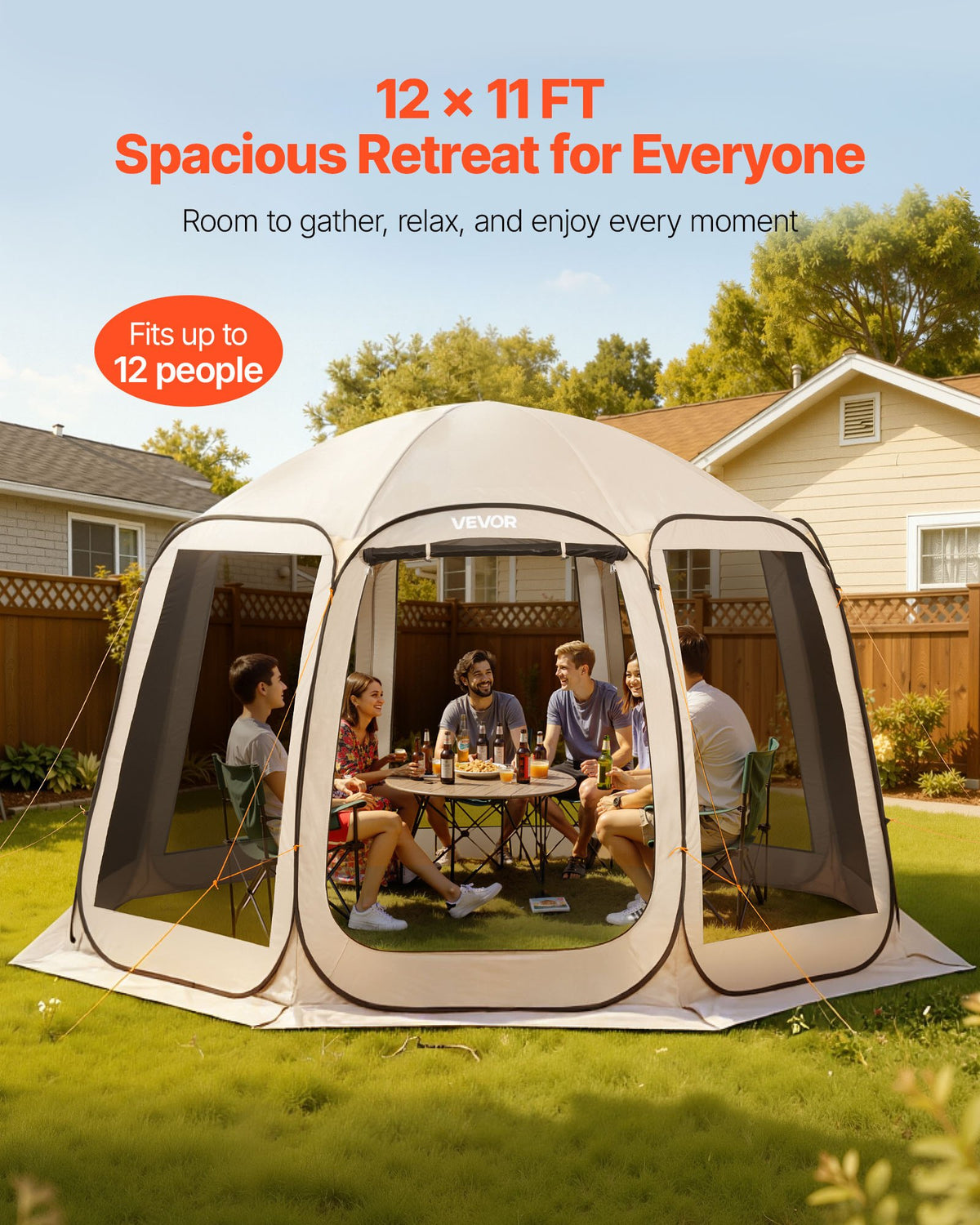 Screen House Tent, 3660 x 3380 x 2300 mm, 10-12 Person Pop Up Screen Tent, Portable Screened in Canopy with Carry Bag, Netting Sides, Ground Stakes, for Garden, Patio, Outdoor Activities, Beige