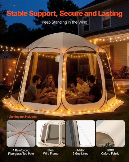 Screen House Tent, 3660 x 3380 x 2300 mm, 10-12 Person Pop Up Screen Tent, Portable Screened in Canopy with Carry Bag, Netting Sides, Ground Stakes, for Garden, Patio, Outdoor Activities, Beige
