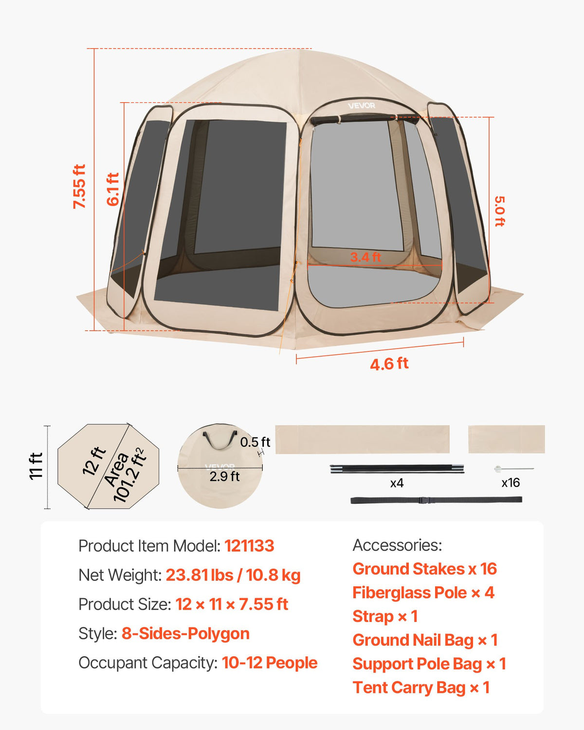 Screen House Tent, 3660 x 3380 x 2300 mm, 10-12 Person Pop Up Screen Tent, Portable Screened in Canopy with Carry Bag, Netting Sides, Ground Stakes, for Garden, Patio, Outdoor Activities, Beige