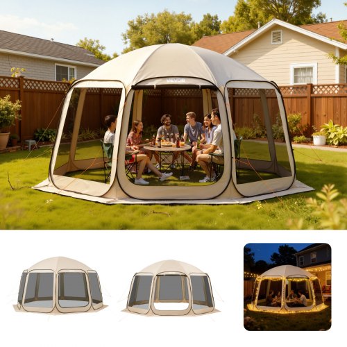 Screen House Tent, 4500 x 4250 x 2450 mm, 12-15 Person Pop Up Screen Tent, Portable Screened in Canopy with Carry Bag, Netting Sides, Ground Stakes, for Garden, Patio, Outdoor Activities, Beige